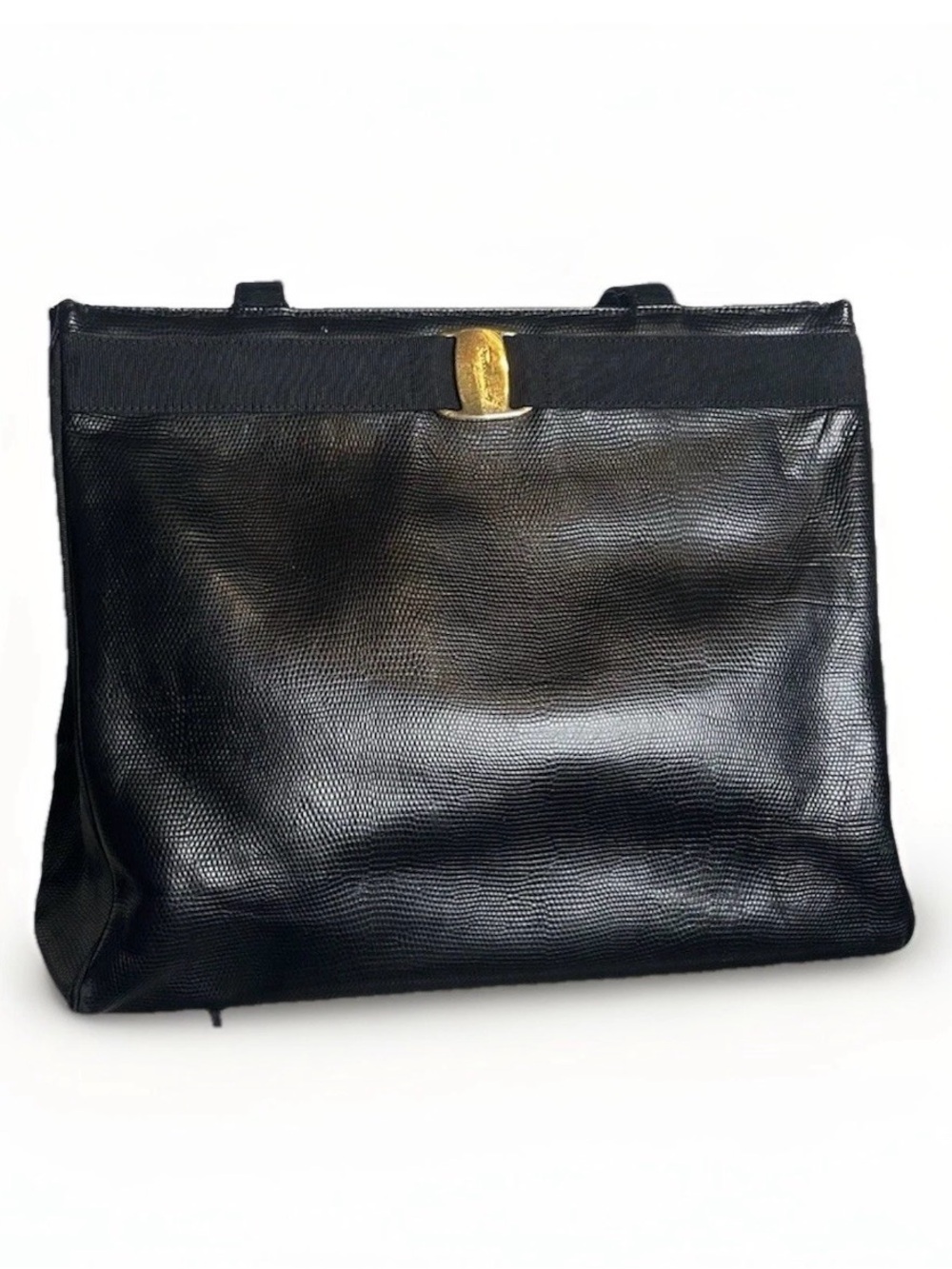 Ferragamo Black Textured Leather Bag with Gold Accent